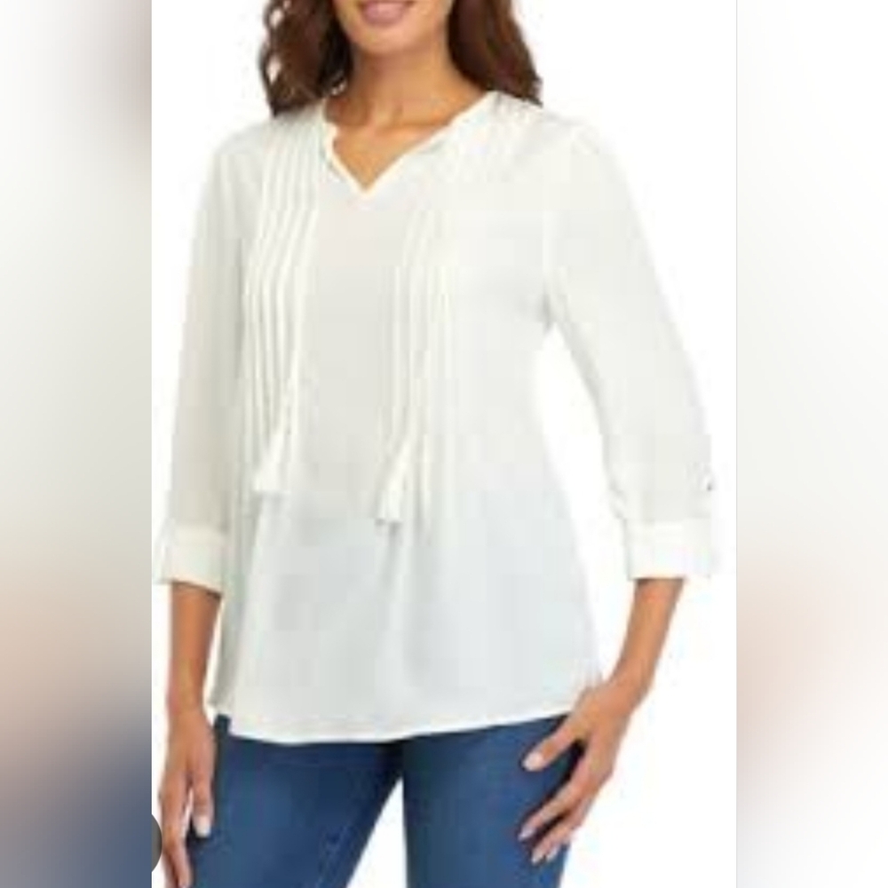 NWT Kim Rogers Women's White Pintuck Tassel V-Neck Blouse Size XXL